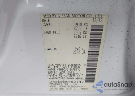 2013 Nissan Altima 2.5 Sv z USA, uszkodzony, nr VIN 1N4AL3AP5DN492547